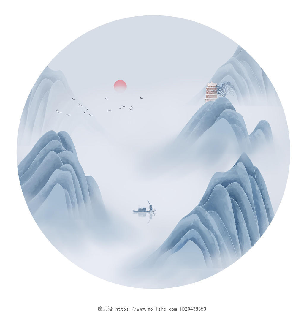 唯美意境古风山水素材中国风水墨插画海报背景国潮山水